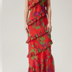 Nasty Gal One Shoulder Floral Dress - Red and Green